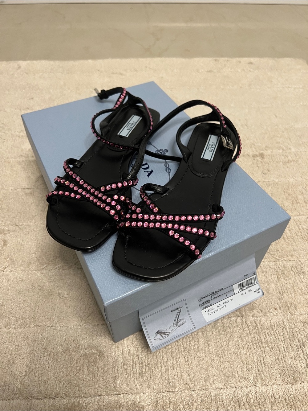 Prada Black Sandals with Pink Crystal Straps